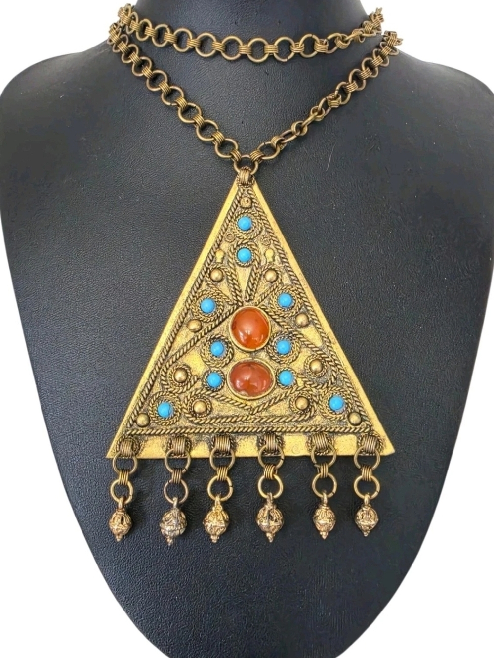 Vintage Brass Tone Triangle Pendant Necklace Dangle Middle Eastern Israel Ethnic